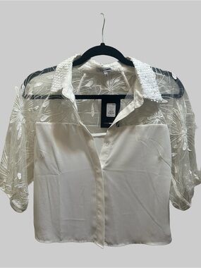 Fashion Nova Ivory Sheer Lace Yoke Button-Down Top